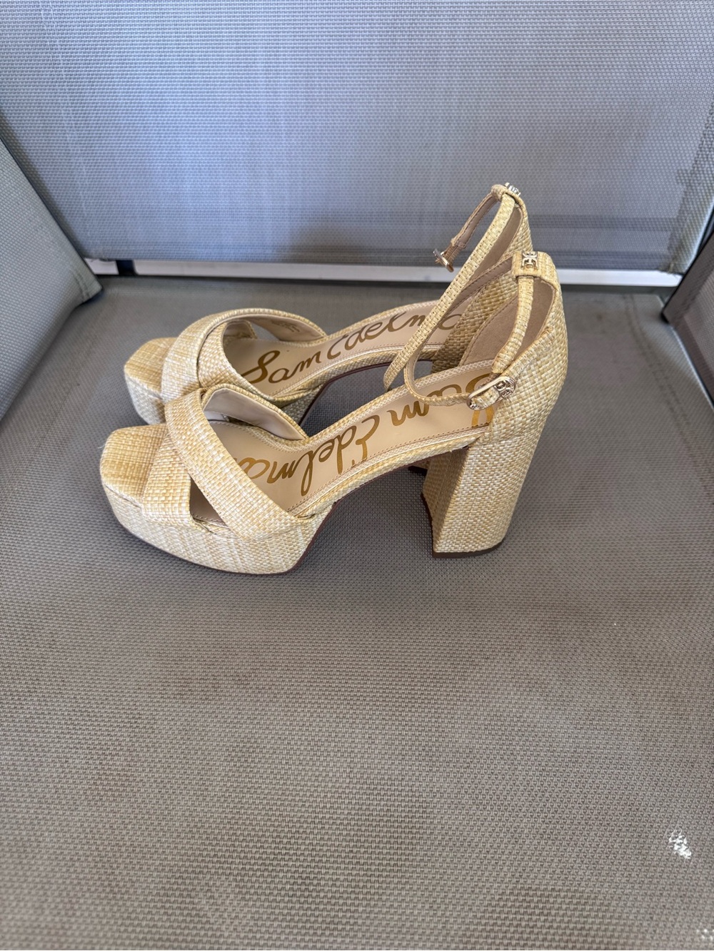 Sam Edelman Natural Raffia Crisscross Ankle Strap Heels